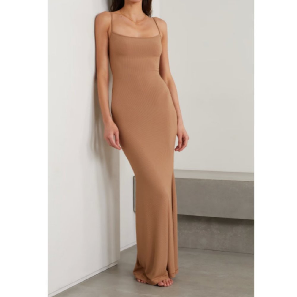 SKIMS Long Ribbed Maxi Dress in Camel